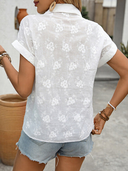 New Women's Cardigan Lapel Cotton Embroidered Shirt