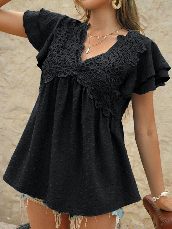 Polka Dot V-Neck Top - Casual Loose Holiday Style Jacquard Blouse Black