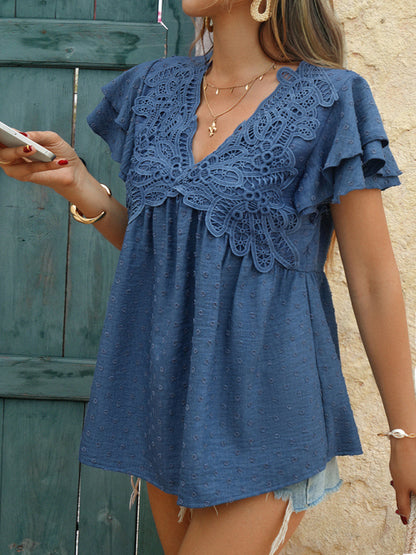 Polka Dot V-Neck Top - Casual Loose Holiday Style Jacquard Blouse