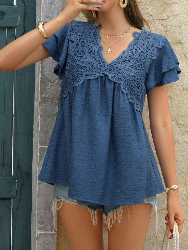 Polka Dot V-Neck Top - Casual Loose Holiday Style Jacquard Blouse Denim Blue