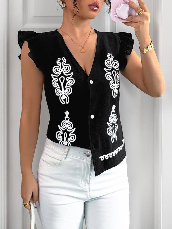 Ethnic Print V-Neck Cardigan - Flutter Sleeve Vest Top for Women