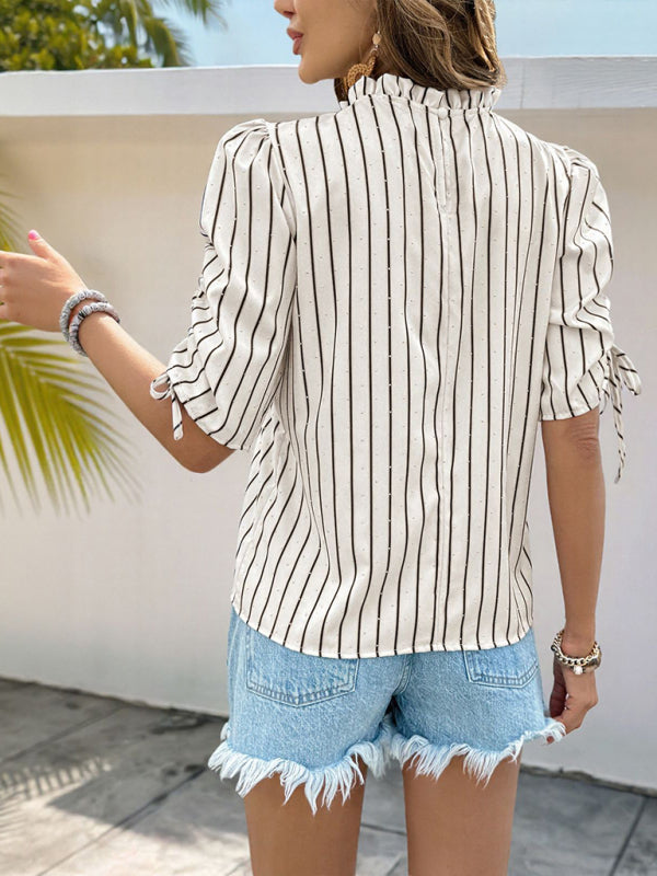Stand collar striped drawstring bubble short sleeve shirt