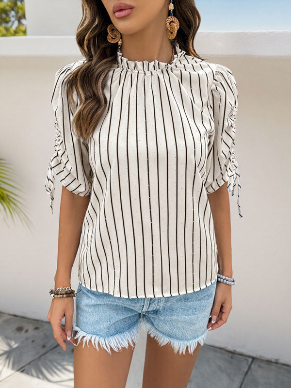 Stand collar striped drawstring bubble short sleeve shirt