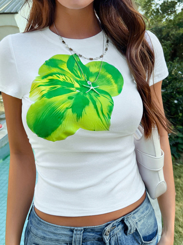 Women's casual slim waist flower print short sleeve T-shirt White