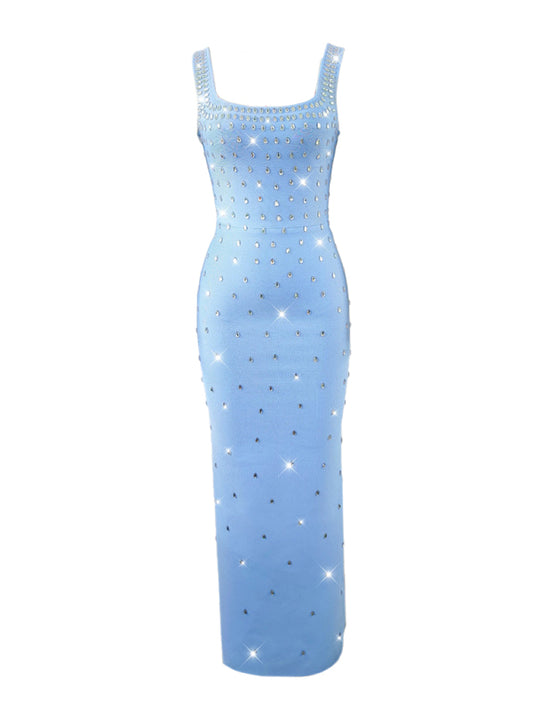 New Slim Rhinestone Bandage Dress Fashion Party Bandage Dress Sky blue azure