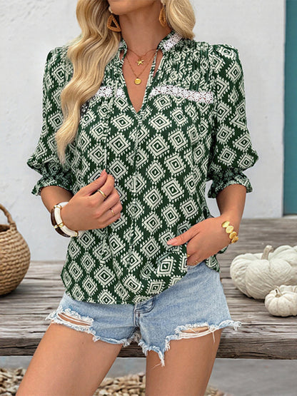 Ruffled Short Sleeve Geometric Print Women's Fashion Shirt