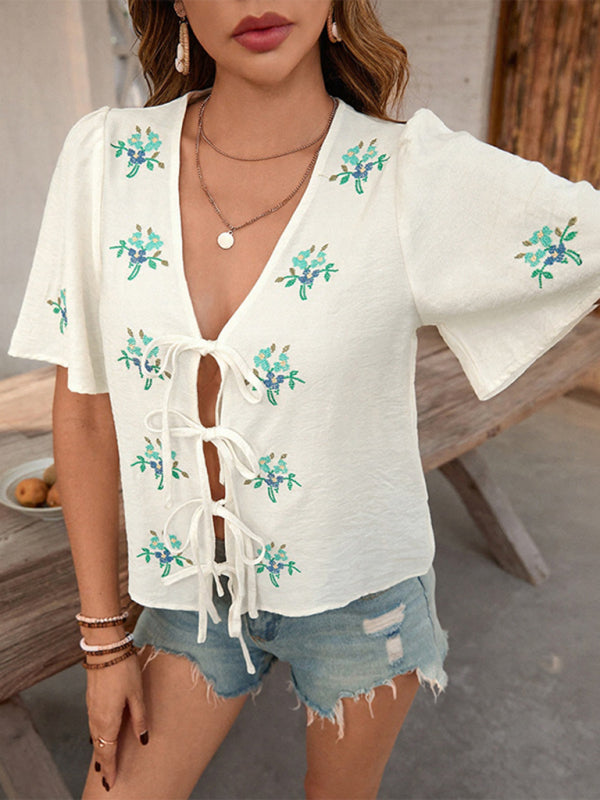 Bow Tie Embroidered Cardigan - Short Sleeve Button Up Top for Women Cracker khaki