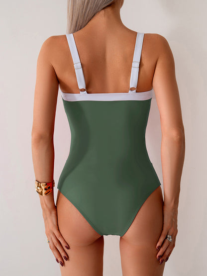 Women's Contrast Color One-Piece Swimsuit - High Elasticity