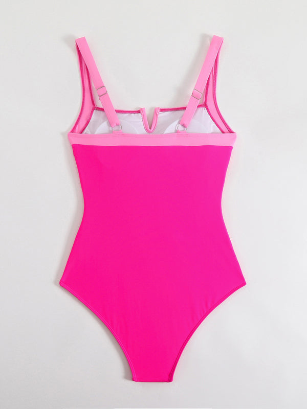 Women's Contrast Color One-Piece Swimsuit - High Elasticity