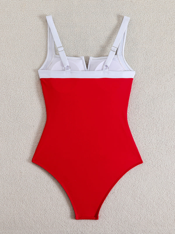 Women's Contrast Color One-Piece Swimsuit - High Elasticity