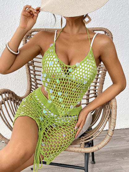 Women's sequin stitching pure hand hook bikini two-piece cover-up
