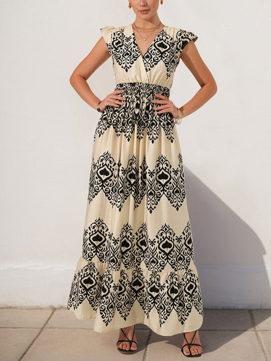 Modern style holiday style printed dress ethnic casual V-neck high waist flying sleeve long dress Cream