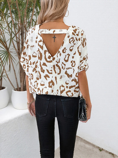 Women's V-neck bat sleeve leopard print backless shirt