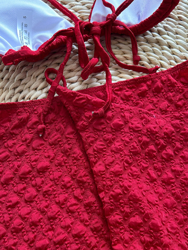 Red textured fabric bikini three piece set