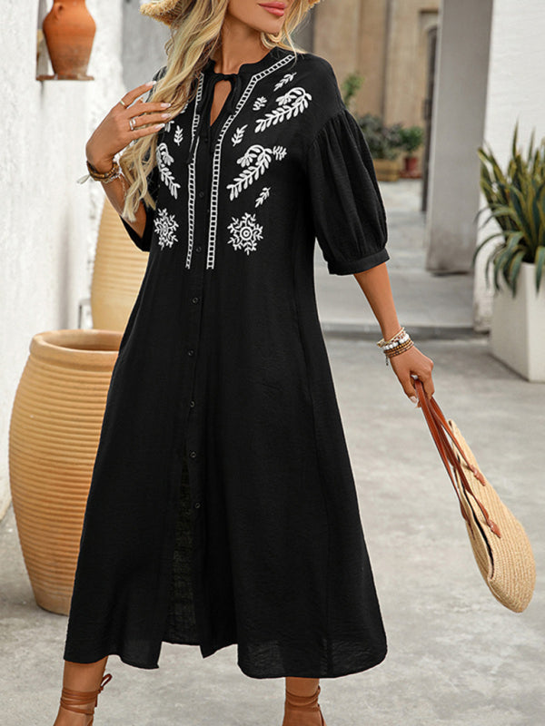 Casual personality ethnic style loose five-point sleeve embroidered dress Black
