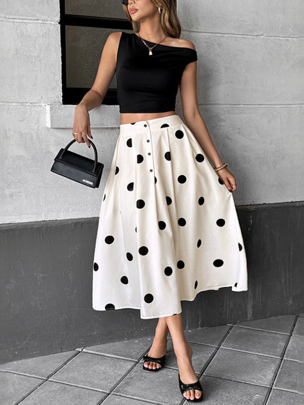 Modern mid-length umbrella skirt polka dot skirt elastic retro elegant A-line skirt