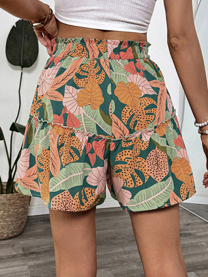 Tropical Resort Print Elastic Wide Leg Shorts