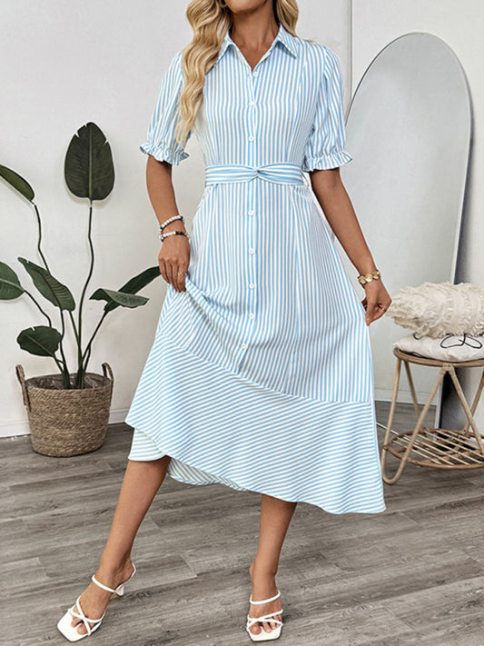 Shirt-style puff sleeve lapel striped dress Blue