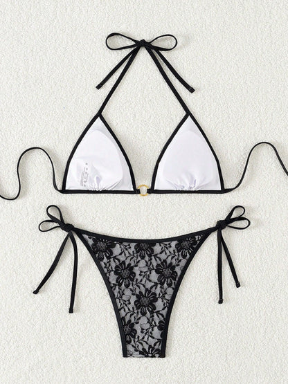 Black lace halter bikini