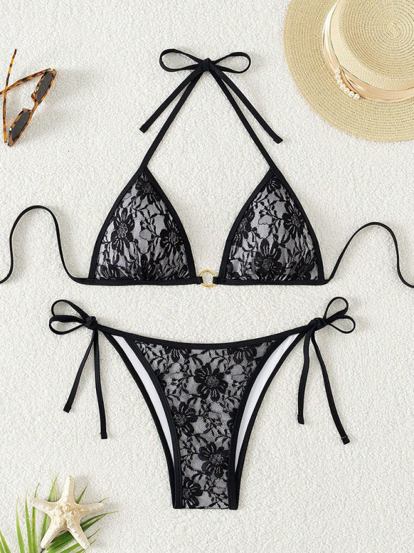 Black lace halter bikini Black