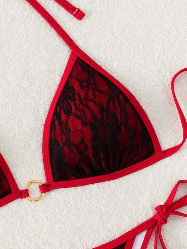 Black lace and red backless bikini