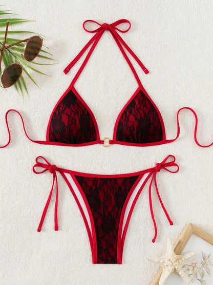Black lace and red backless bikini Pattern4