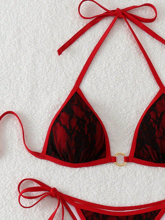 Black lace and red backless bikini