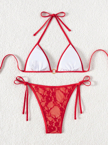Red lace halter bikini