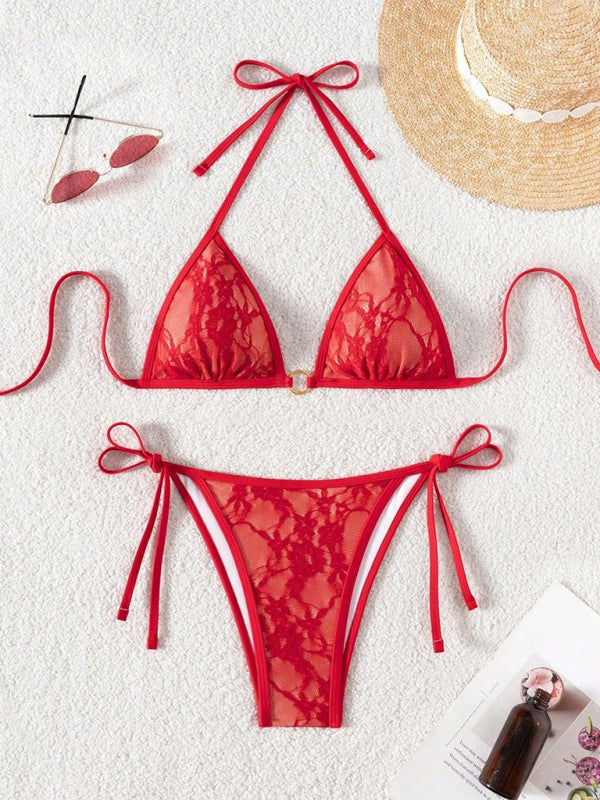 Red lace halter bikini Red