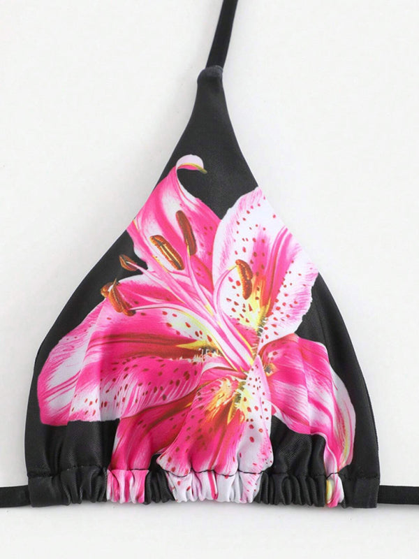 Retro flower print tropical skirt split strap beach three-piece set