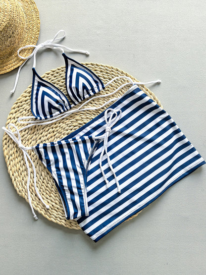 Sexy bikini striped two-piece women's swimsuit three-piece set