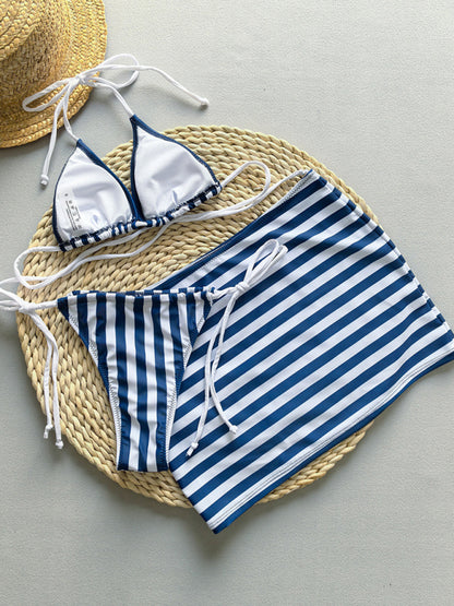 Sexy bikini striped two-piece women's swimsuit three-piece set