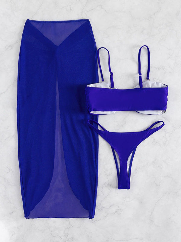 Swimsuit solid color three-piece bikini U-shaped decoration Swimsuit