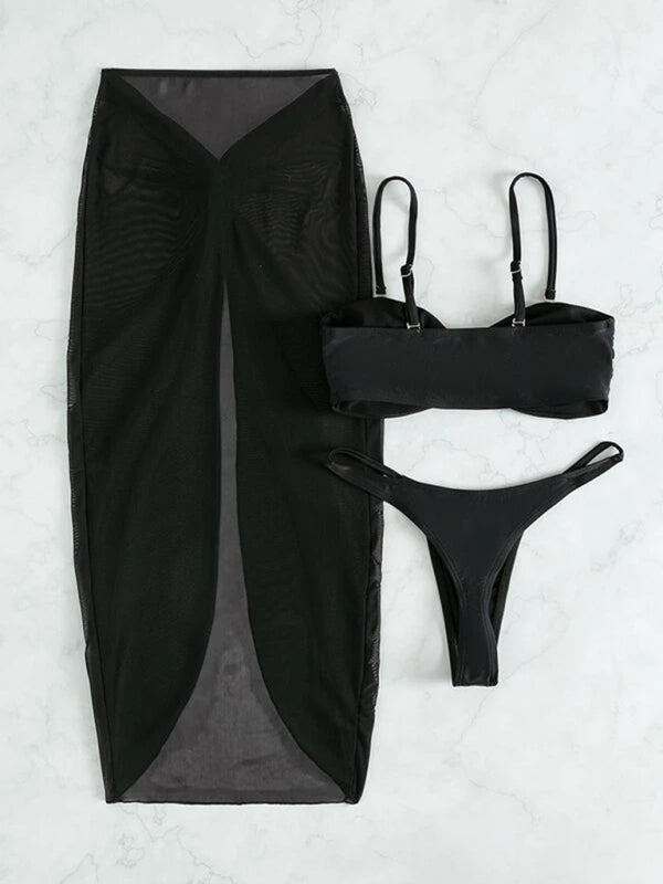 Swimsuit solid color three-piece bikini U-shaped decoration Swimsuit