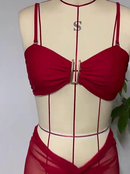 Swimsuit solid color three-piece bikini U-shaped decoration Swimsuit