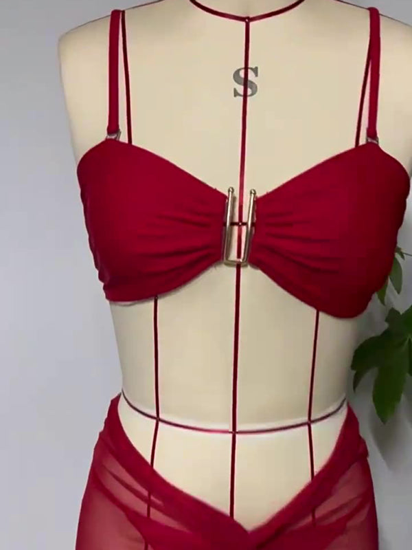 Swimsuit solid color three-piece bikini U-shaped decoration Swimsuit