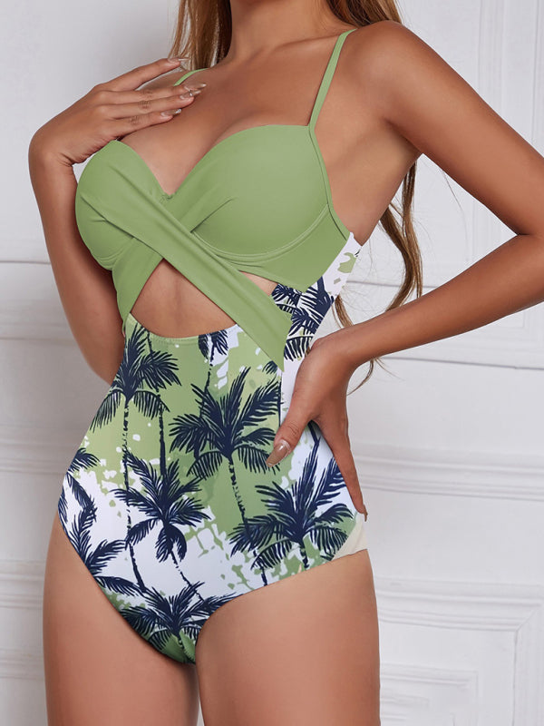 Women's High Waist One-Piece Swimsuit - Maple Leaf Print Green