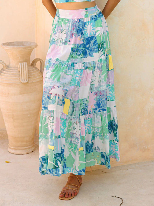 Bohemian Beach Skirt - Teal Resort Wear Flowing Maxi Skirt Spearmint viridis