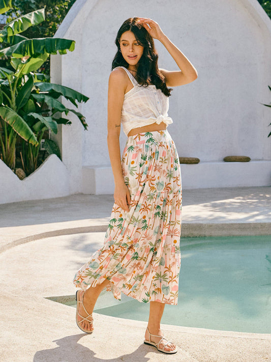 Modern coconut tree print bohemian holiday beach skirt