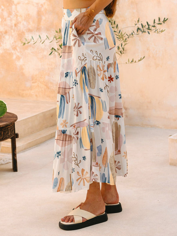 Modern White Plant Print Bohemian Holiday Beach Skirt