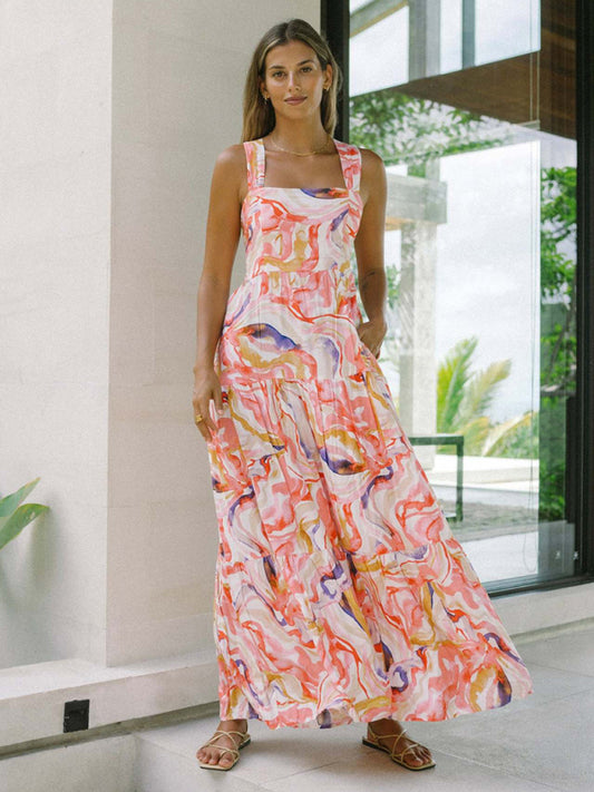 Orange floral print bohemian holiday beach dress loose suspender dress Orange