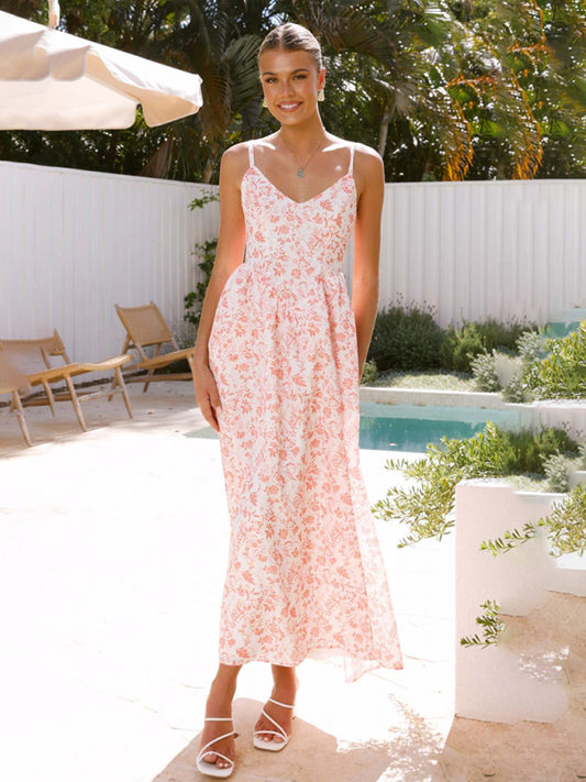 Modern V-neck waist holiday long dress sexy backless bow tie dress Pink