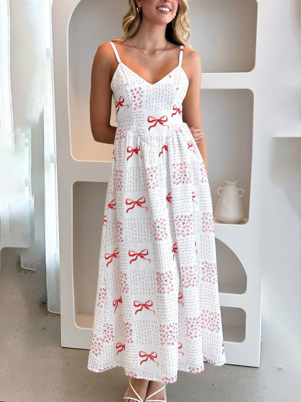 Modern V-neck waist holiday backless bow print dress