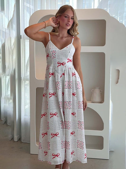 Modern V-neck waist holiday backless bow print dress