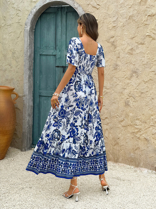 Holiday Blue Floral Print A-Line Maxi Dress