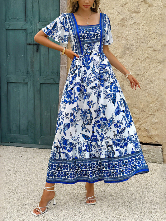 Holiday Blue Floral Print A-Line Maxi Dress Blue