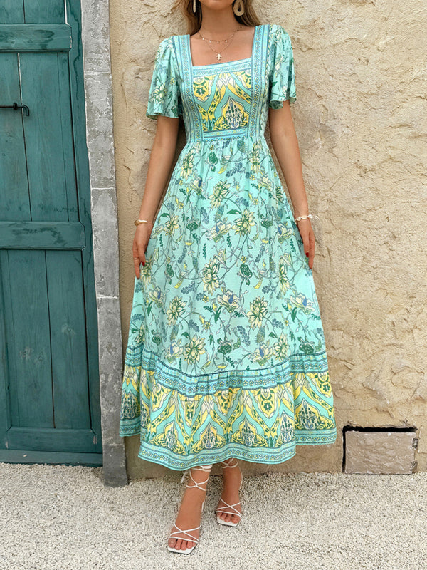 Holiday Chartreuse Floral Print A-Line Maxi Dress