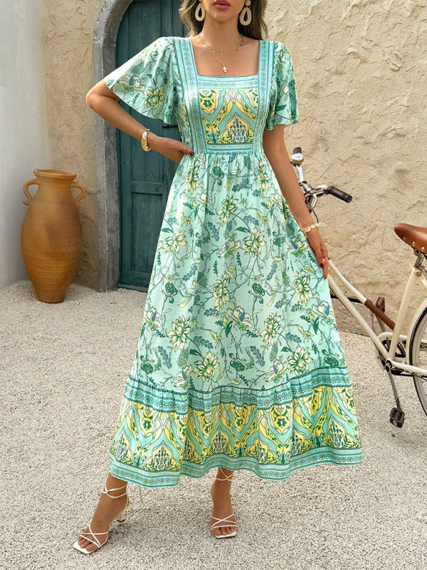 Holiday Chartreuse Floral Print A-Line Maxi Dress Green