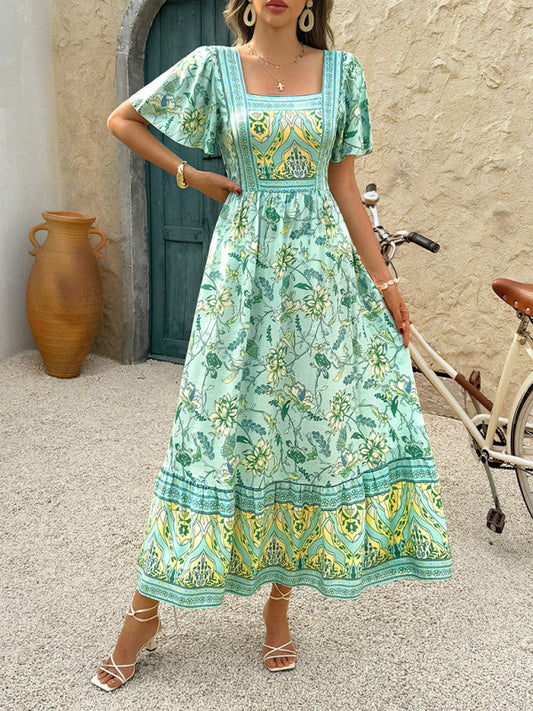 Holiday Chartreuse Floral Print A-Line Maxi Dress Green