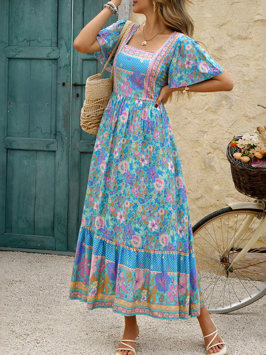 Holiday blue and pink floral print A-line maxi dress Blue